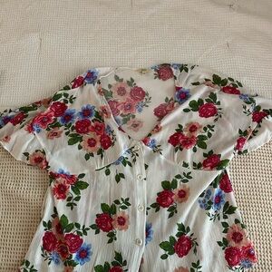 Kori Floral Button-Up Blouse - Red, Blue, and Green